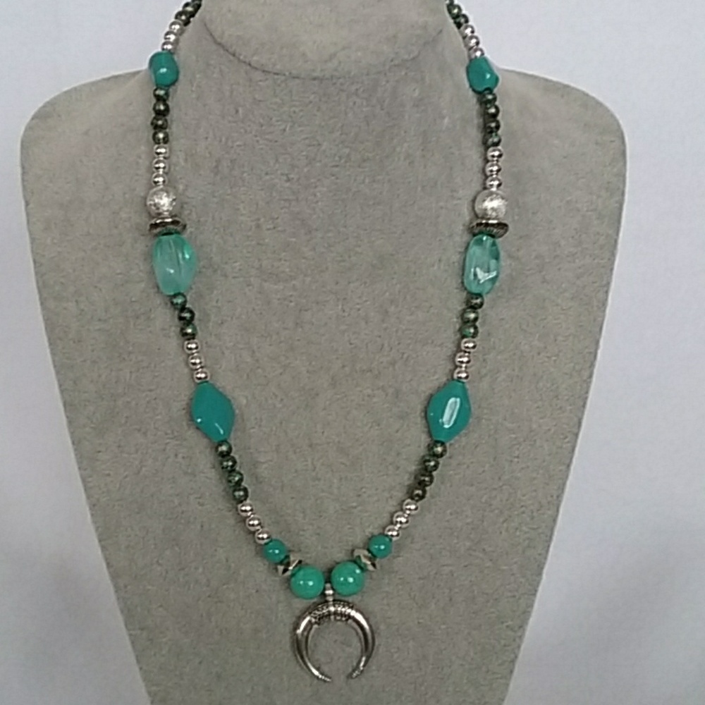 Womens beaded turquoise necklace with charm